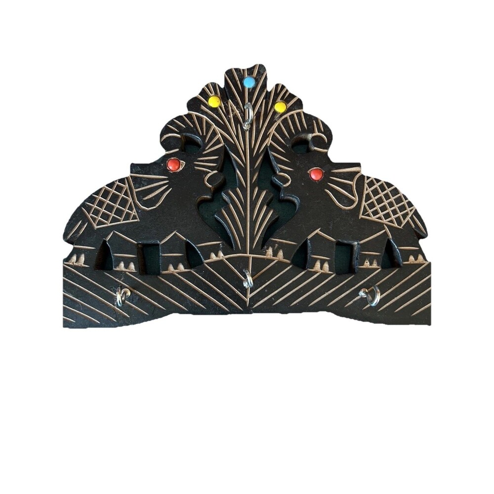 Handcrafted Wooden Key Chains Hanger Elephants 6 Metal Hooks Brown Black Color
